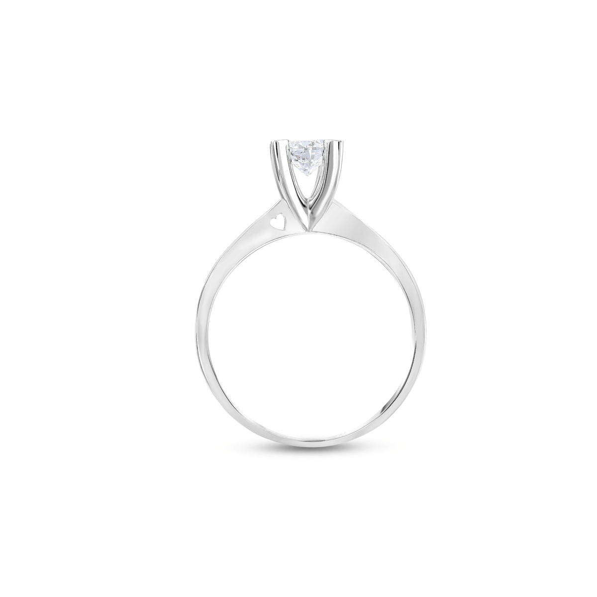 Side view of the natural diamond solitaire ring in 14K white gold showing the small pierced heart on the shoulder of the band