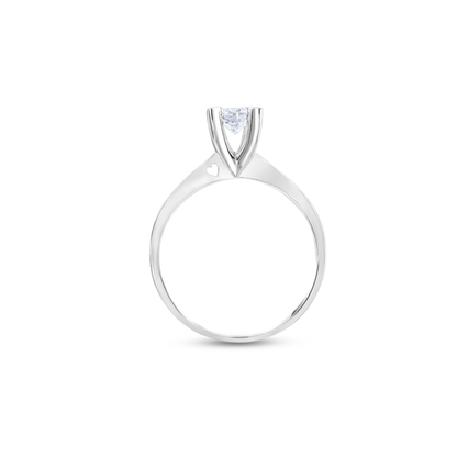 Side view of the natural diamond solitaire ring in 14K white gold showing the small pierced heart on the shoulder of the band