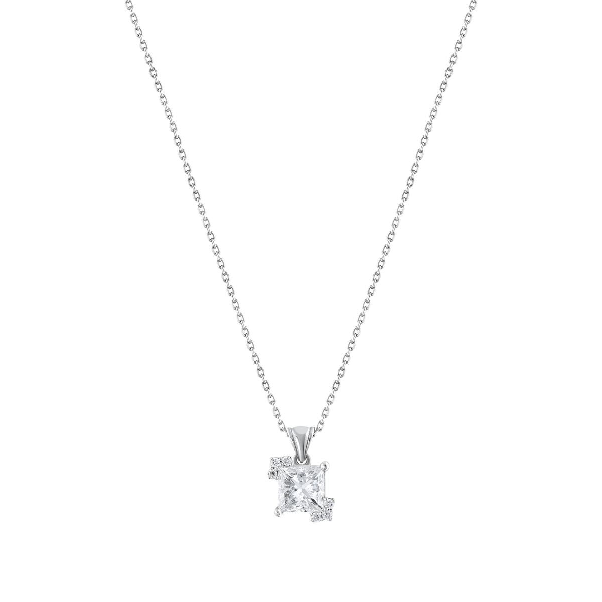 Princess-cut natural diamond solitaire pendant necklace in 14K solid white gold on a fine cable chain