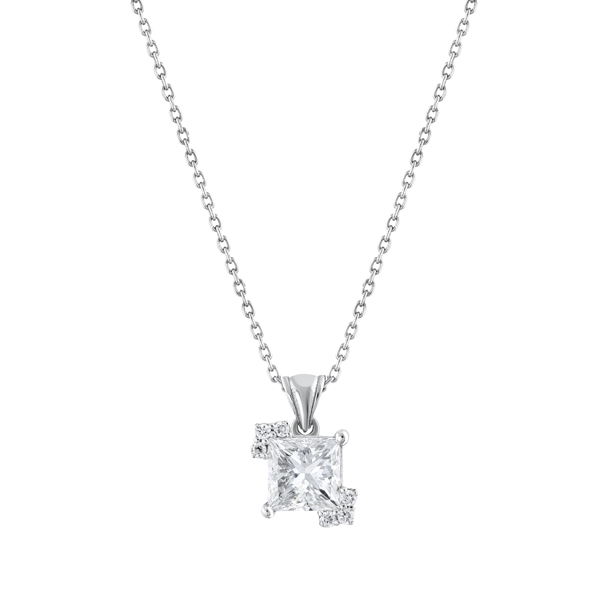 Close-up of the 0.51 ct princess-cut natural diamond with two three-stone corner clusters in 14K white gold
