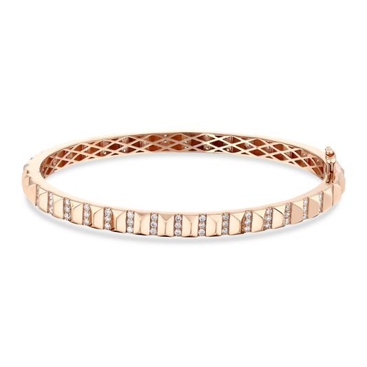1.10 ct natural diamond pyramid bangle bracelet in 14K rose gold, pyramid studs alternating with bars of three diamonds