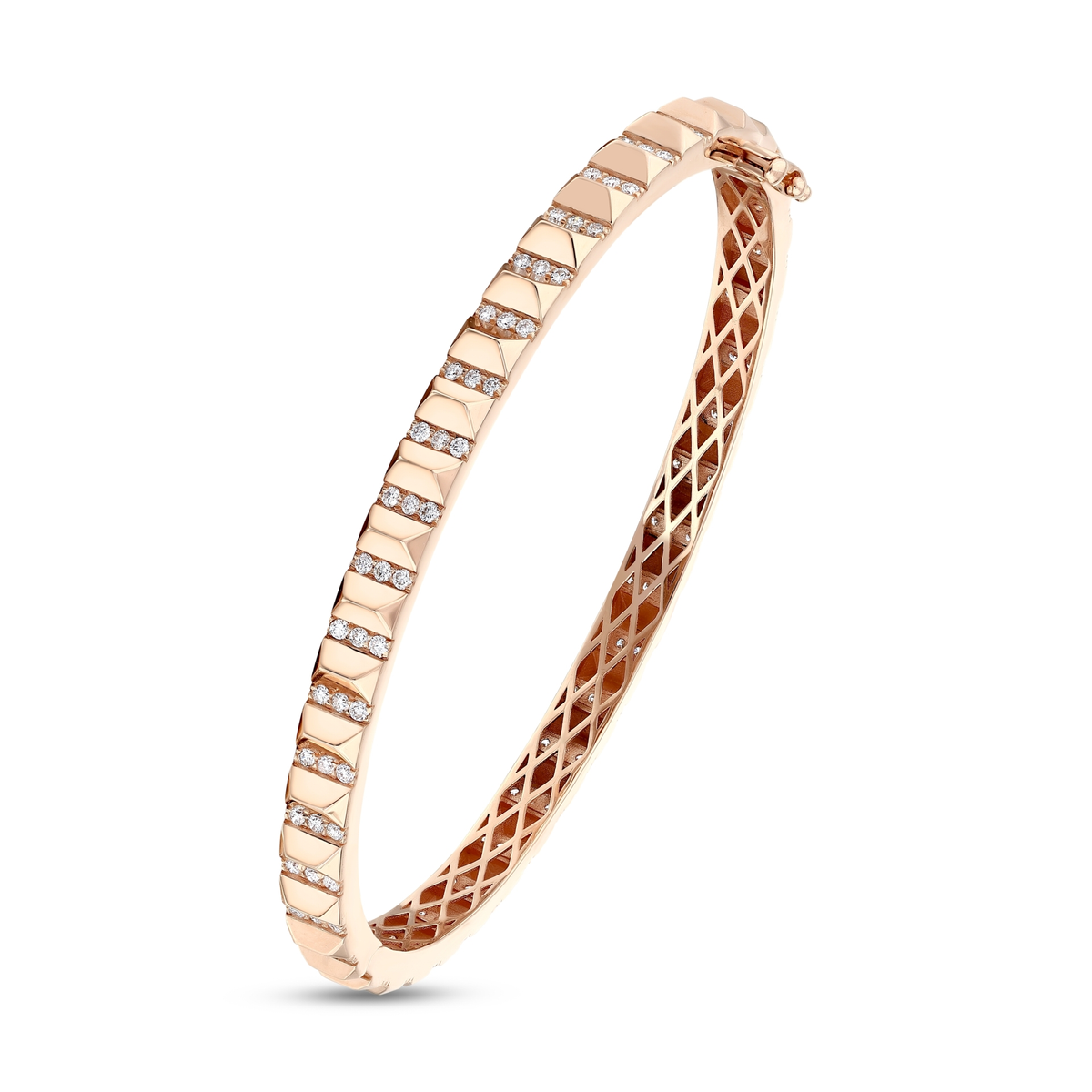 Natural diamond rose gold bangle standing upright, showing the hinge, the three-diamond bars and the openwork lattice inside