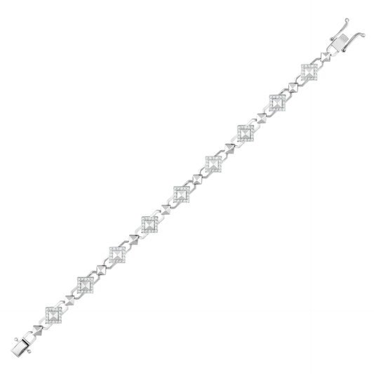 0.92 ct natural diamond pyramid station link bracelet in 14K solid white gold, laid out in full with its box clasp