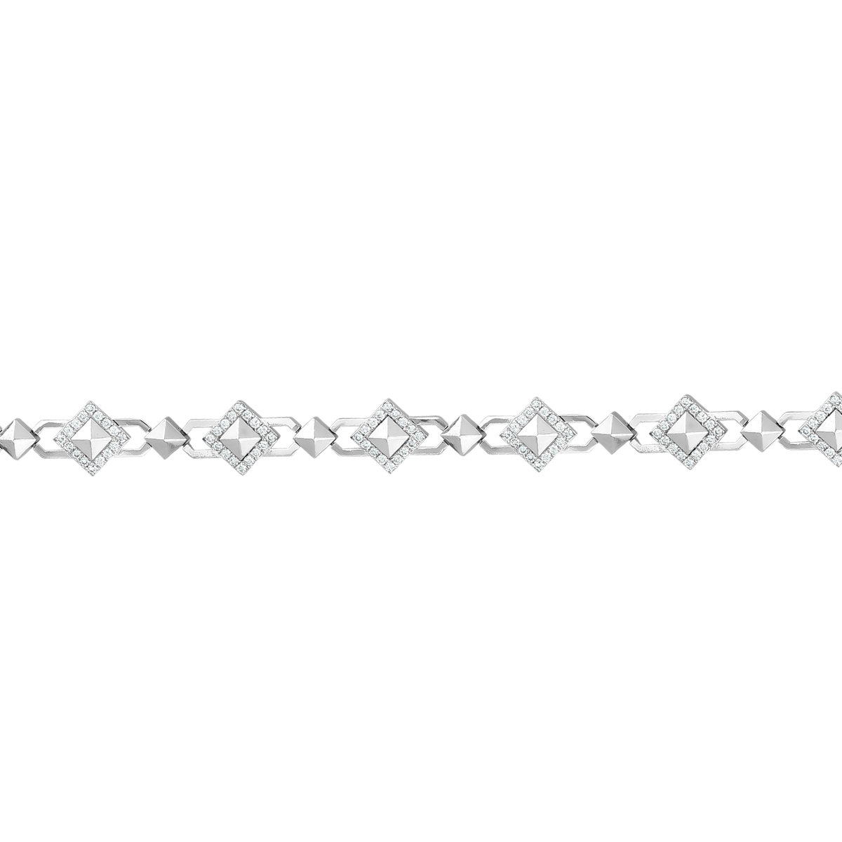 Close view of the pavé diamond square stations and polished pyramid studs of the 14K white gold natural diamond bracelet