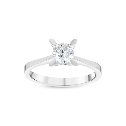 0.60 ct natural round diamond solitaire ring in 14K white gold with four petal-tipped claws, front view