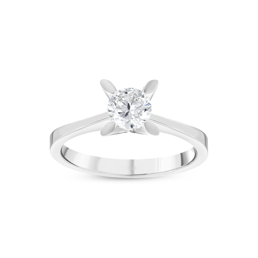 0.60 ct natural round diamond solitaire ring in 14K white gold with four petal-tipped claws, front view