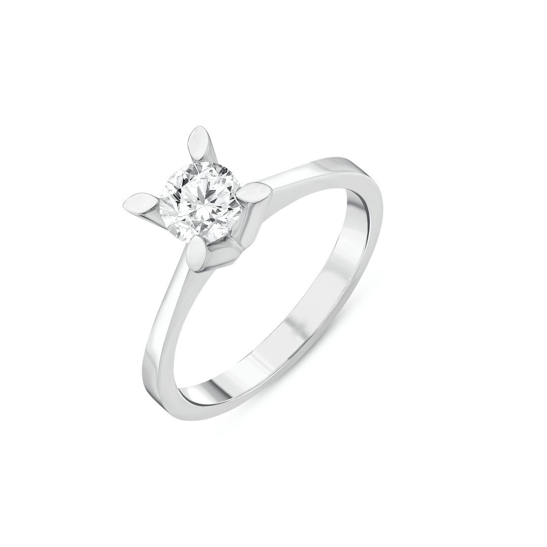 Natural round diamond solitaire ring in 14K white gold, angled view of the petal claws and plain band