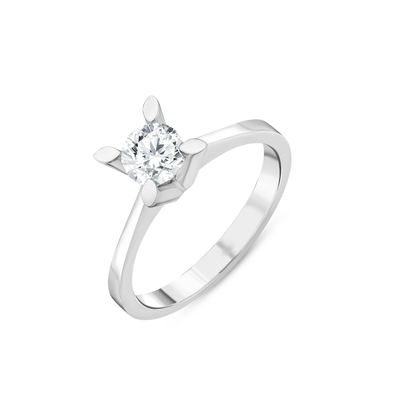 Natural round diamond solitaire ring in 14K white gold, angled view of the petal claws and plain band
