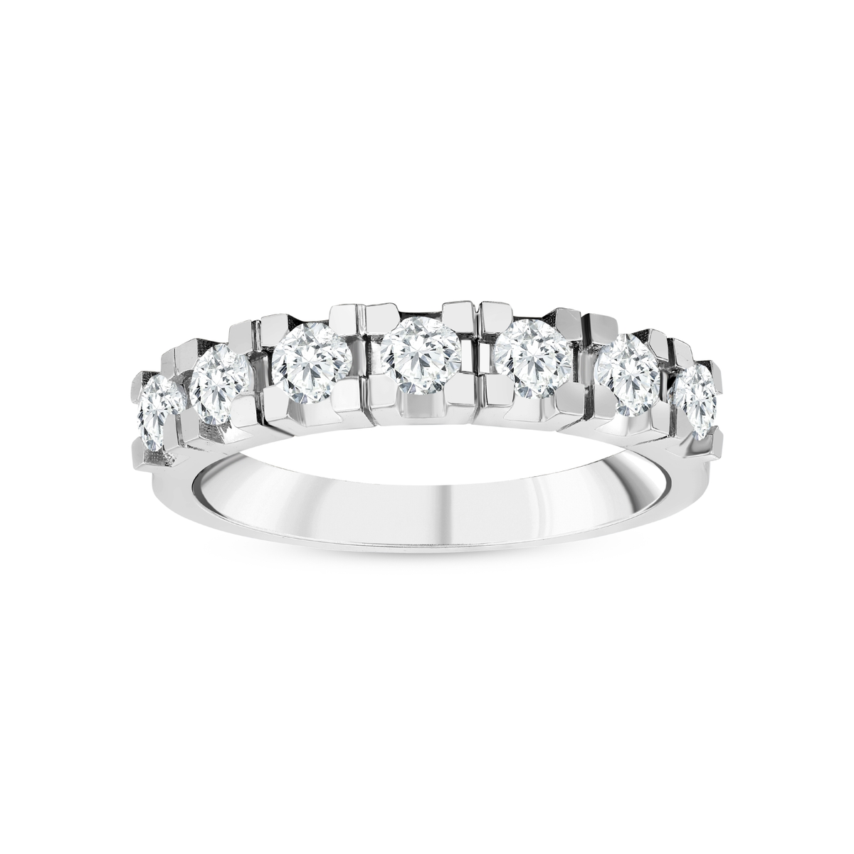 Natural diamond seven-stone half eternity ring in 14K white gold with square block claws, front view