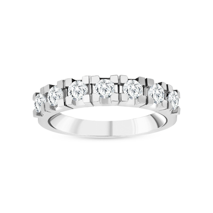 Natural diamond seven-stone half eternity ring in 14K white gold with square block claws, front view