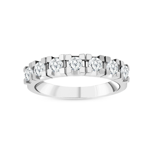 Natural diamond seven-stone half eternity ring in 14K white gold with square block claws, front view