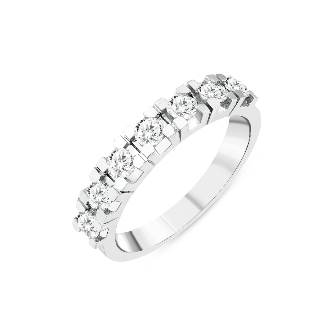 Natural diamond half eternity ring in 14K white gold, angled view of the seven round diamonds and the plain band