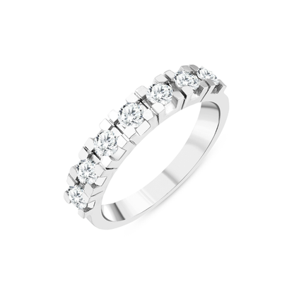 Natural diamond half eternity ring in 14K white gold, angled view of the seven round diamonds and the plain band