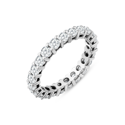 1.71 ct tw natural diamond full eternity ring in 14K solid white gold, round brilliants in shared claws, three-quarter view on white