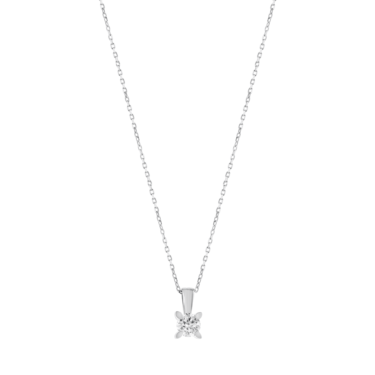 0.50 ct natural diamond solitaire pendant necklace in 14K solid white gold with four leaf-shaped claws, front view on white