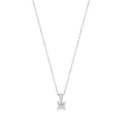 0.50 ct natural diamond solitaire pendant necklace in 14K solid white gold with four leaf-shaped claws, front view on white
