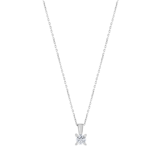 0.50 ct natural diamond solitaire pendant necklace in 14K solid white gold with four leaf-shaped claws, front view on white