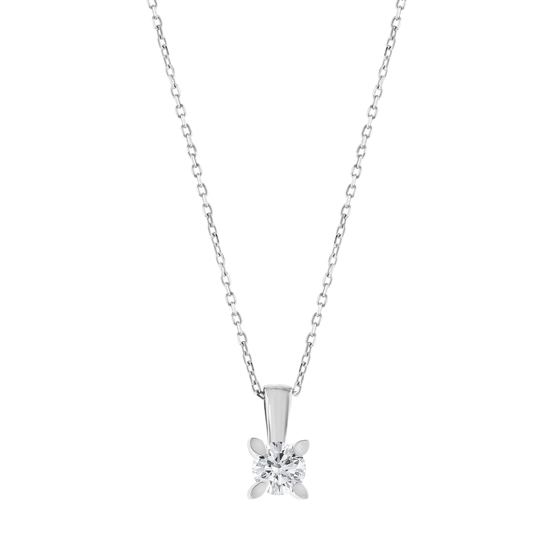 Close-up of the round brilliant natural diamond in four leaf-shaped claws and the tapered bail, 14K white gold solitaire pendant