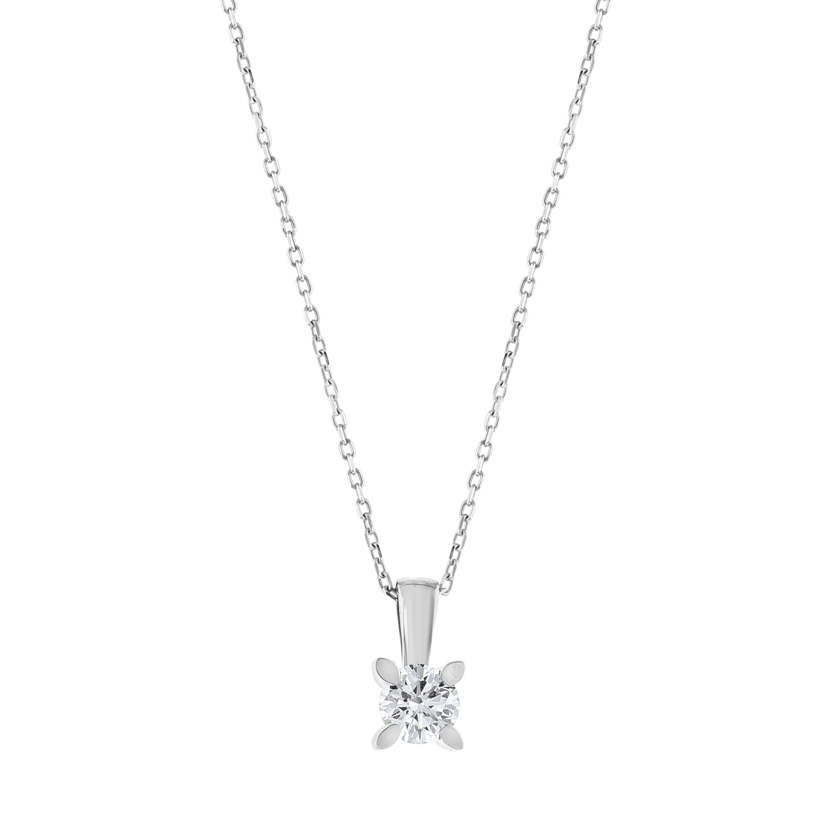 Close-up of the round brilliant natural diamond in four leaf-shaped claws and the tapered bail, 14K white gold solitaire pendant