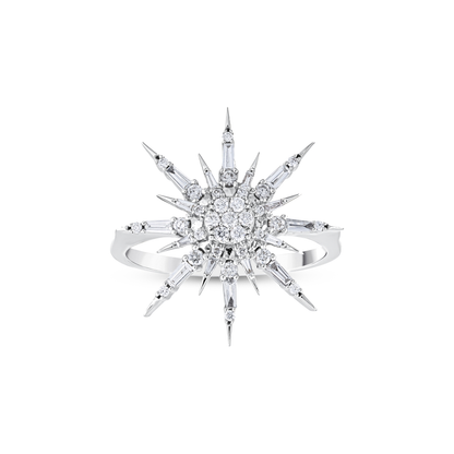 0.45 ct natural diamond starburst cocktail ring in 14K white gold with baguette and round diamond rays, front view
