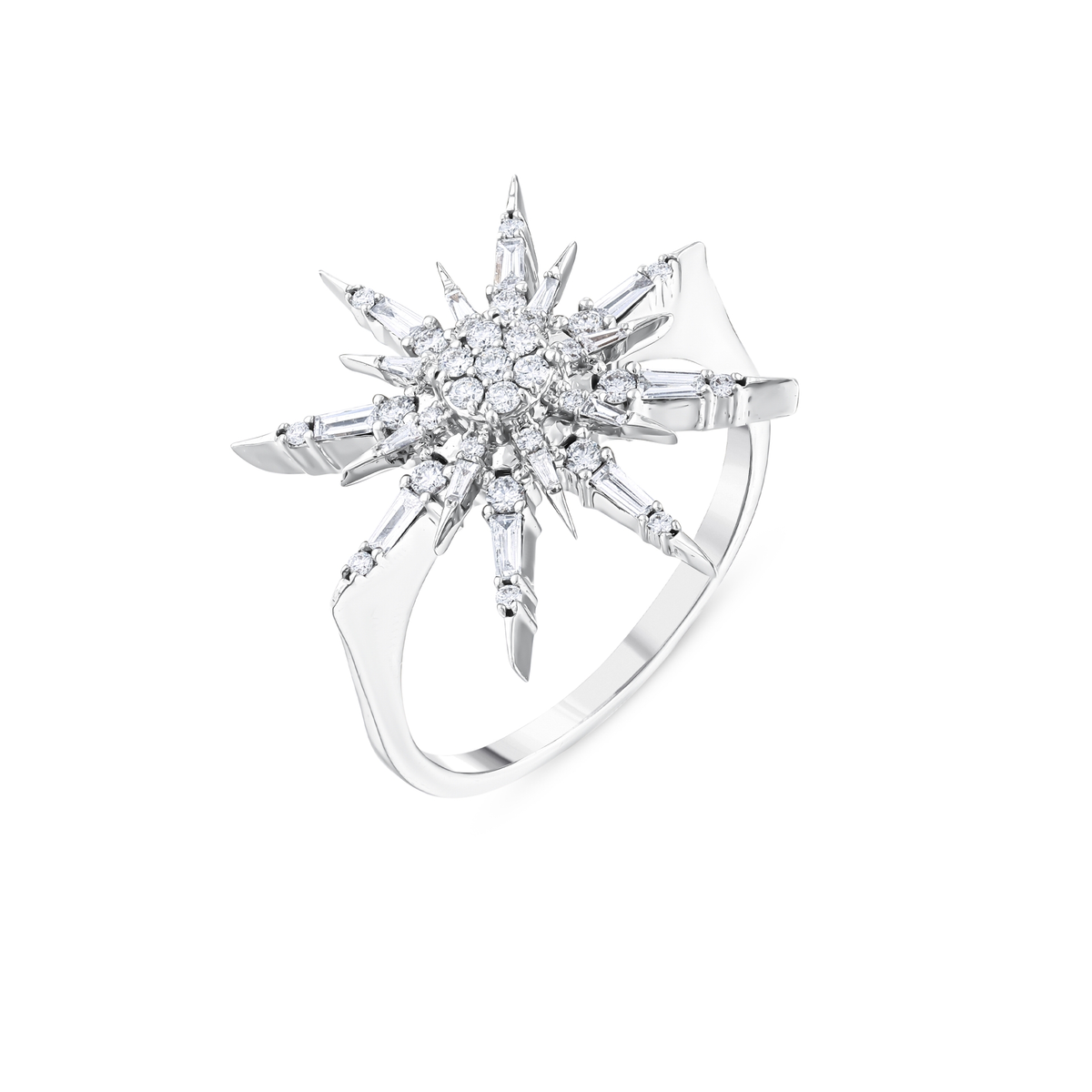 Three-quarter view of the natural diamond starburst ring in 14K white gold showing the plain band and the flat shoulders under the star