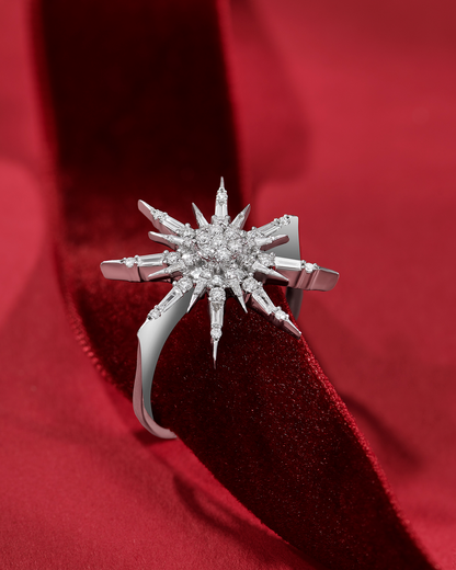 Natural diamond starburst cocktail ring in 14K white gold on red velvet