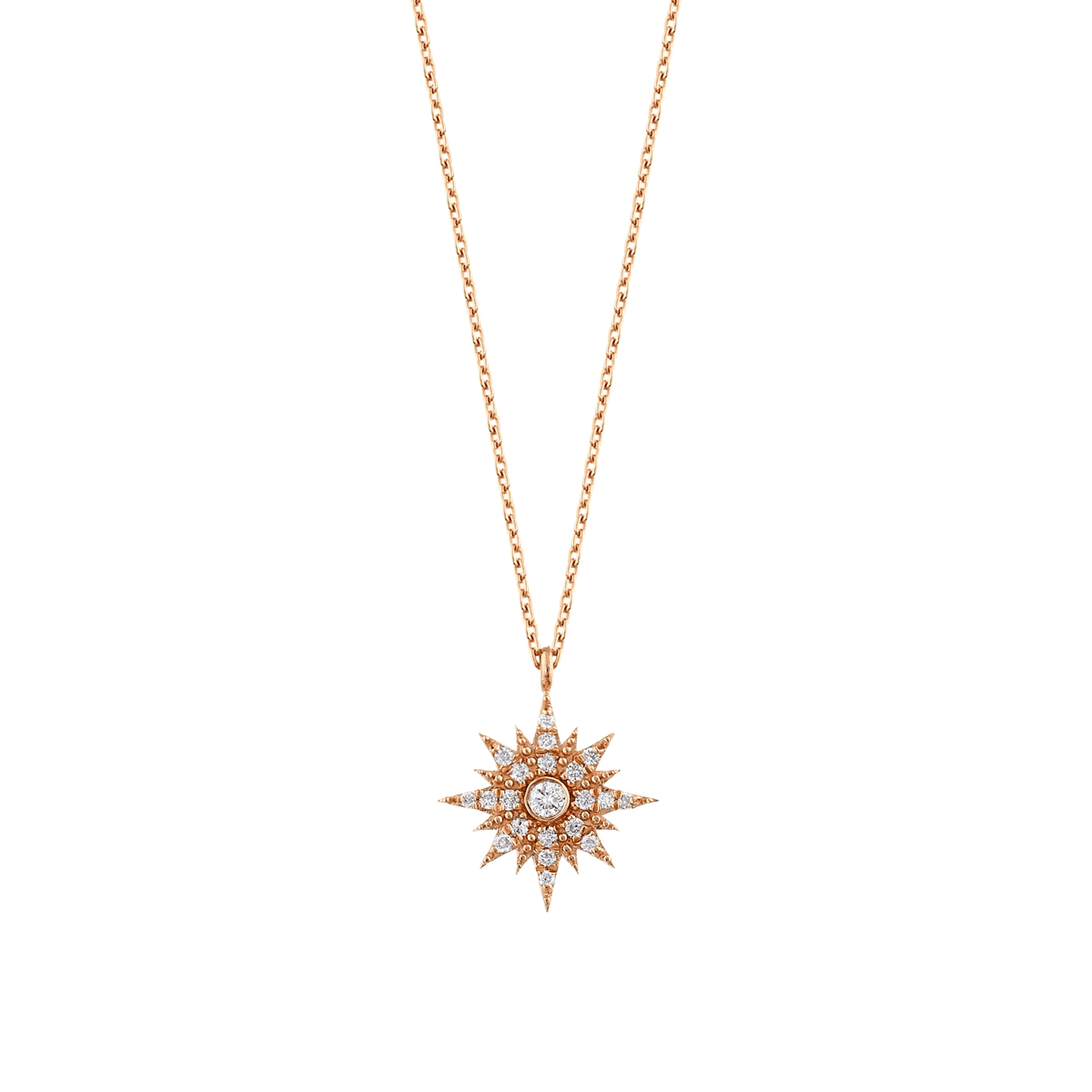Natural diamond starburst pendant necklace in 14K rose gold on a fine cable chain, front view