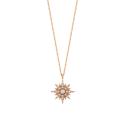 Natural diamond starburst pendant necklace in 14K rose gold on a fine cable chain, front view