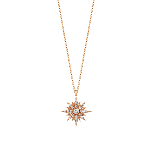 Natural diamond starburst pendant necklace in 14K rose gold on a fine cable chain, front view
