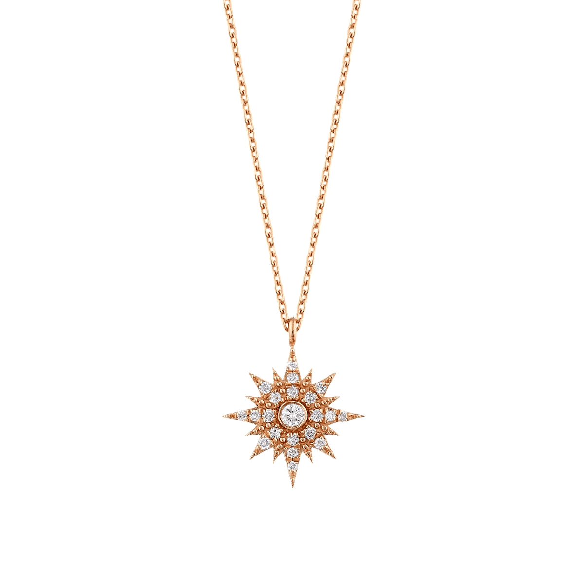 Close-up of the natural diamond starburst pendant in 14K rose gold with its bezel-set centre diamond