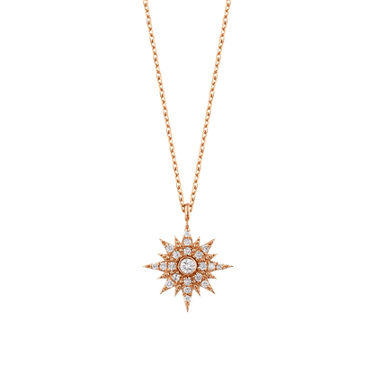 Close-up of the natural diamond starburst pendant in 14K rose gold with its bezel-set centre diamond