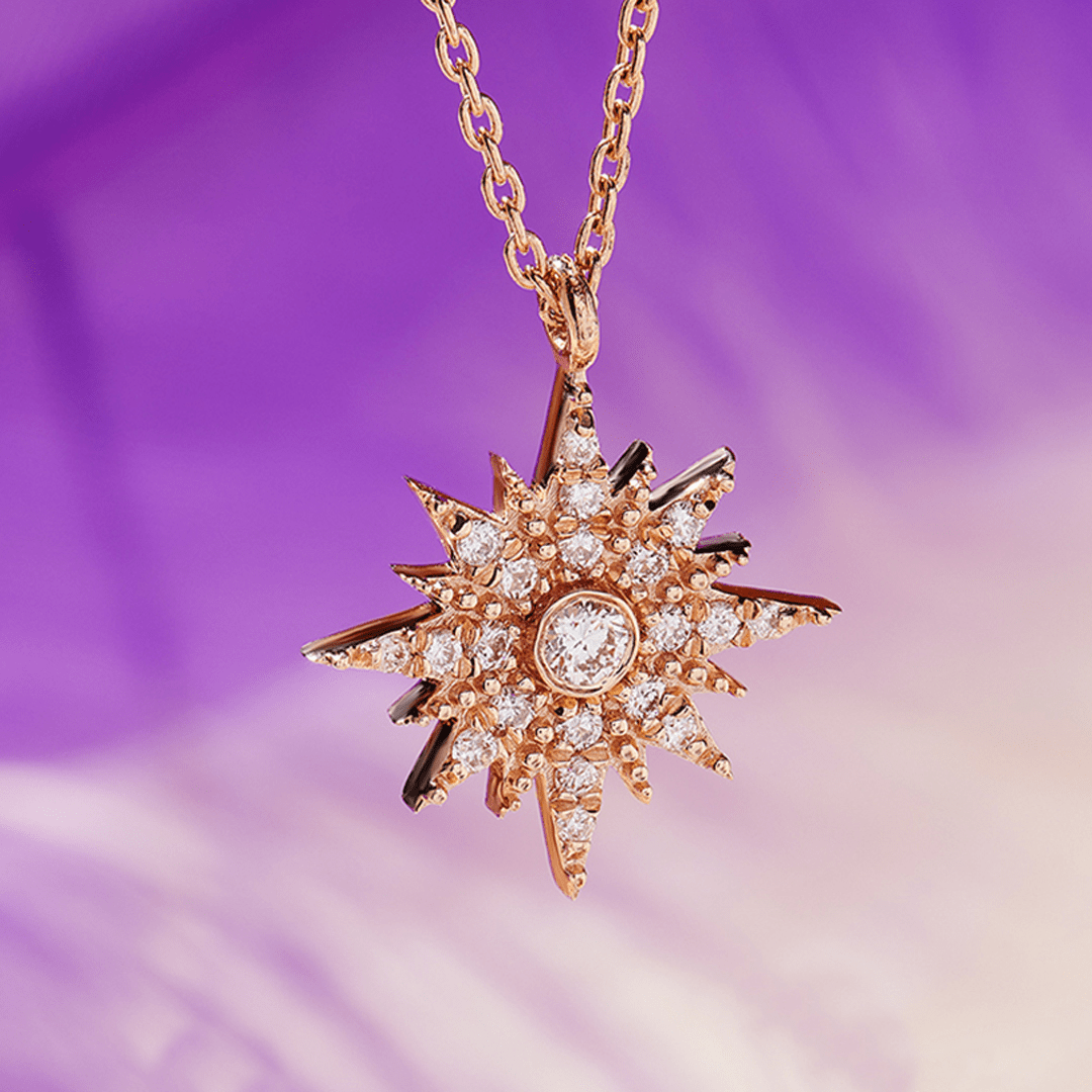 Macro view of the twenty-one natural diamonds in the rose gold starburst pendant