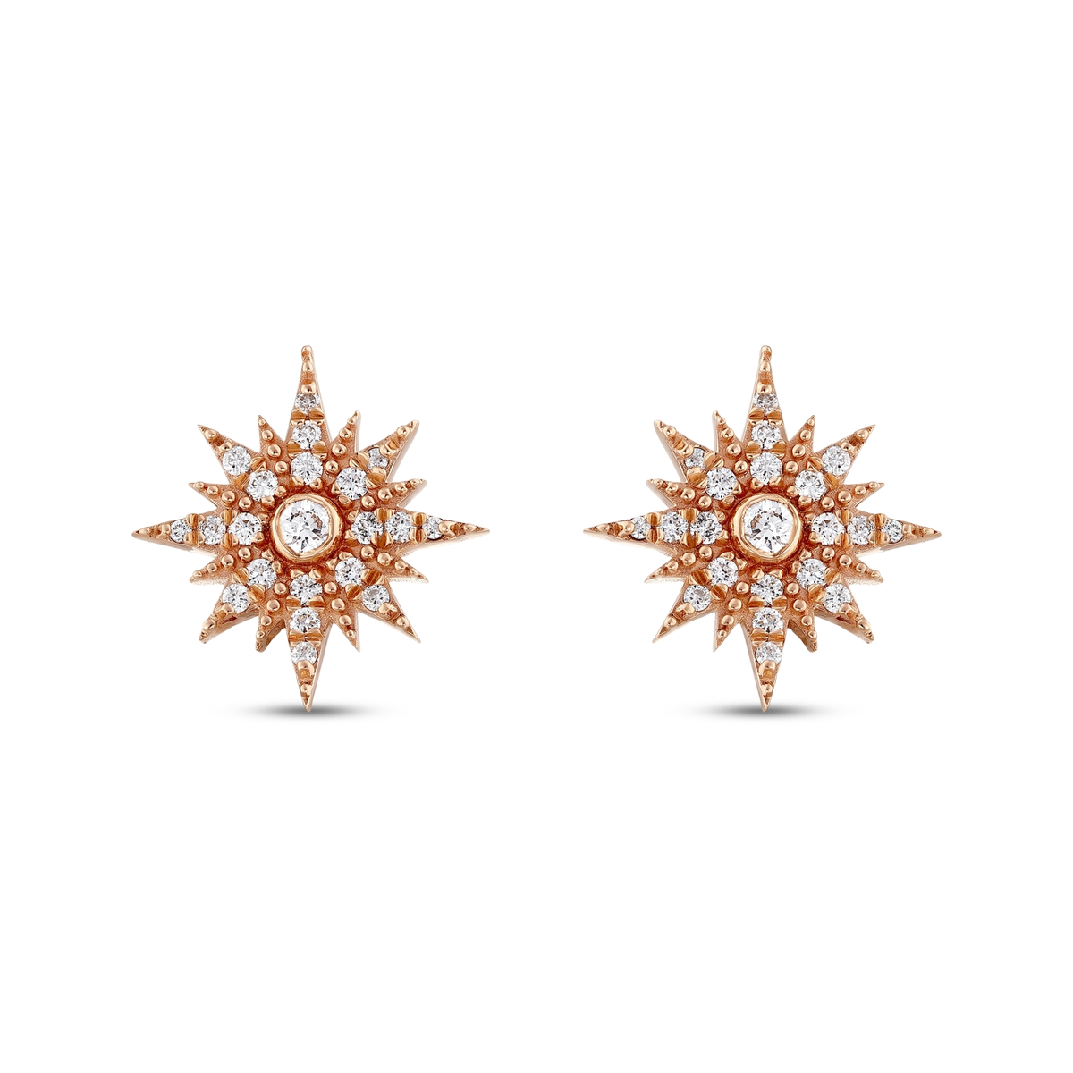 Pair of natural diamond starburst stud earrings in 14K solid rose gold, front view