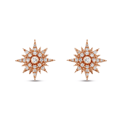 Pair of natural diamond starburst stud earrings in 14K solid rose gold, front view