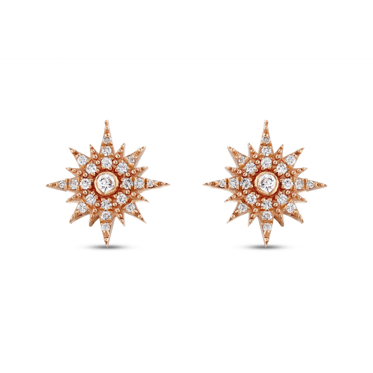 Pair of natural diamond starburst stud earrings in 14K solid rose gold, front view
