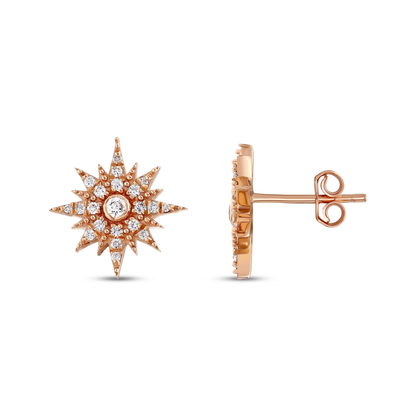 Natural diamond starburst stud earring in 14K rose gold, front and side view with butterfly back