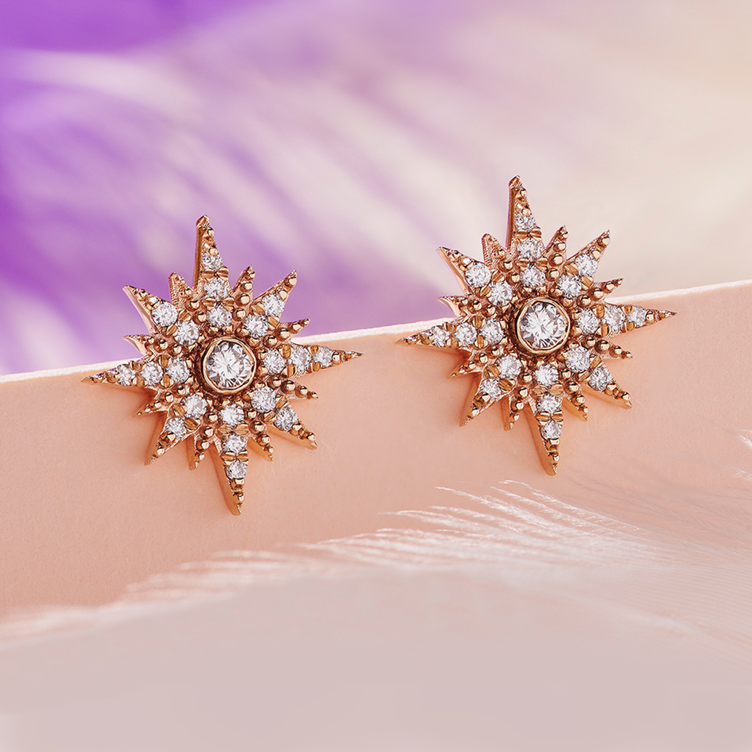 Close-up of the natural diamond starburst stud earrings in 14K rose gold