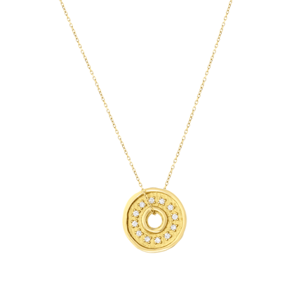 0.16 ct tw natural diamond textured coin disc pendant necklace in 18K solid yellow gold, front view