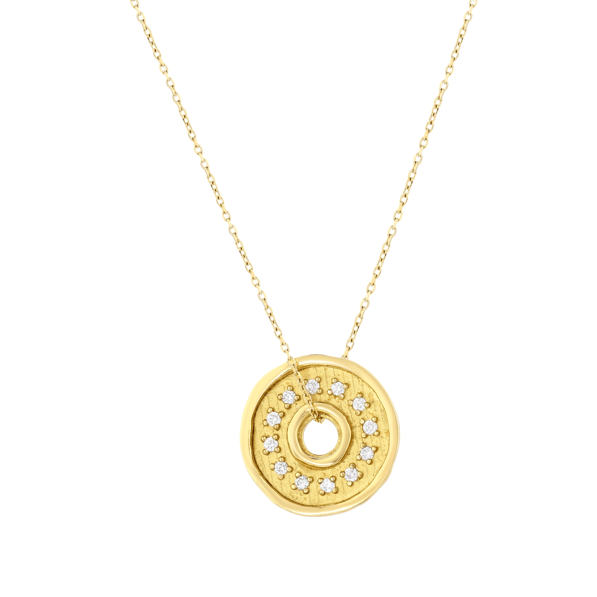 Close-up of the 18K yellow gold coin disc pendant with twelve natural diamonds around an open centre