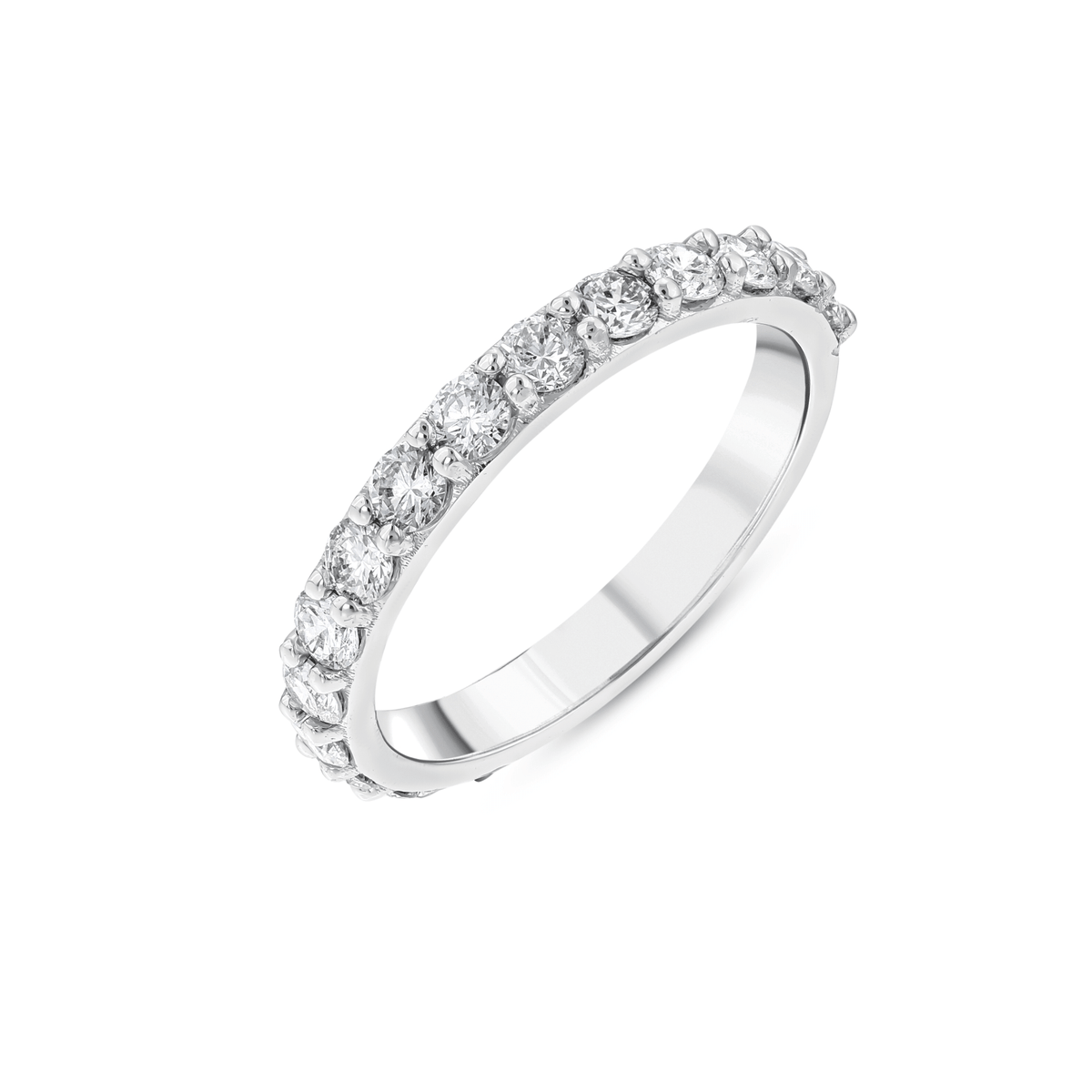 1.00 ct tw natural diamond three-quarter eternity ring in 14K solid white gold, round brilliants in shared claws, three-quarter view on white