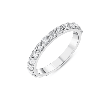 1.00 ct tw natural diamond three-quarter eternity ring in 14K solid white gold, round brilliants in shared claws, three-quarter view on white