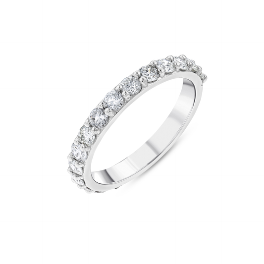 1.00 ct tw natural diamond three-quarter eternity ring in 14K solid white gold, round brilliants in shared claws, three-quarter view on white