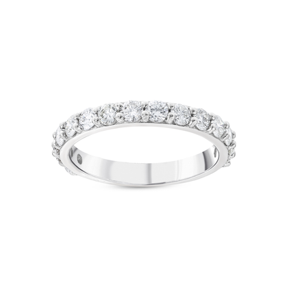 Natural diamond three-quarter eternity band in 14K white gold lying flat, the row of shared-claw round brilliants facing the camera
