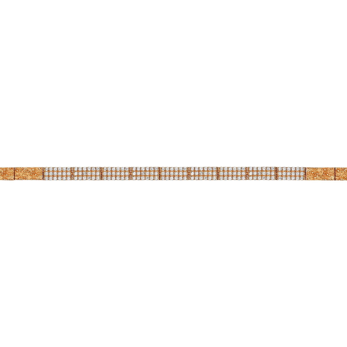 Close view of the three-row pavé diamond links and the engraved rose gold links of the bracelet
