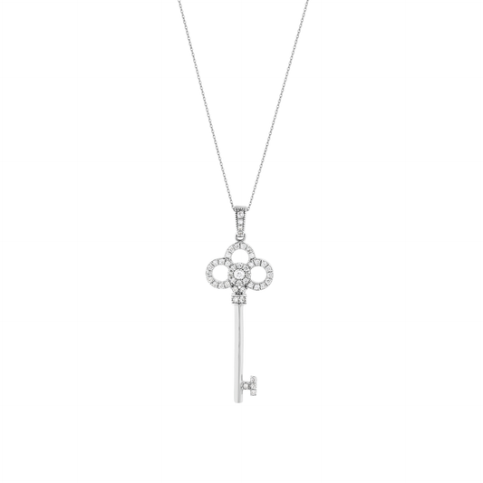 0.35 ct tw natural diamond trefoil key pendant necklace in 14K white gold on a fine cable chain, front view