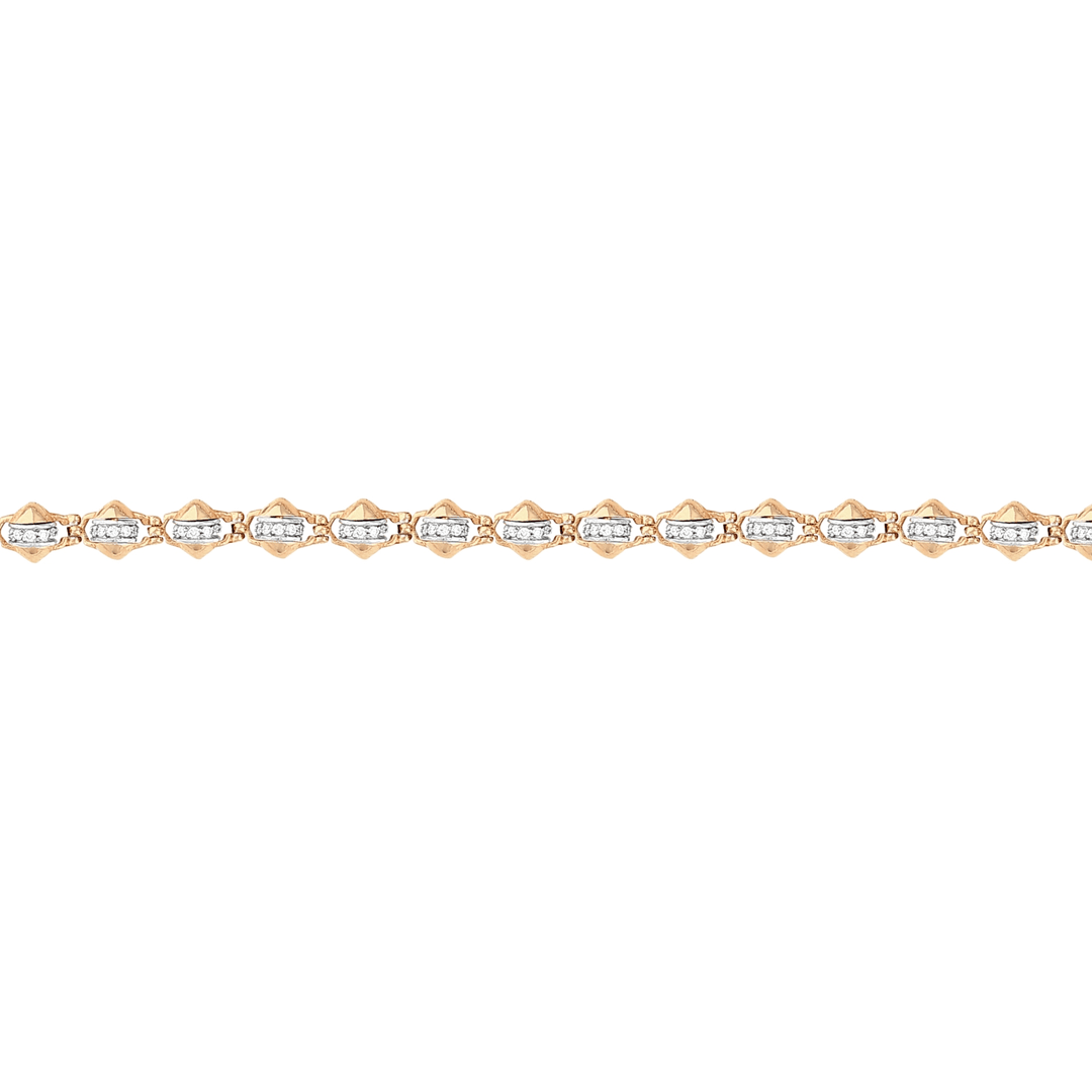 Close view of the rose gold pyramid links and white-gold diamond channels