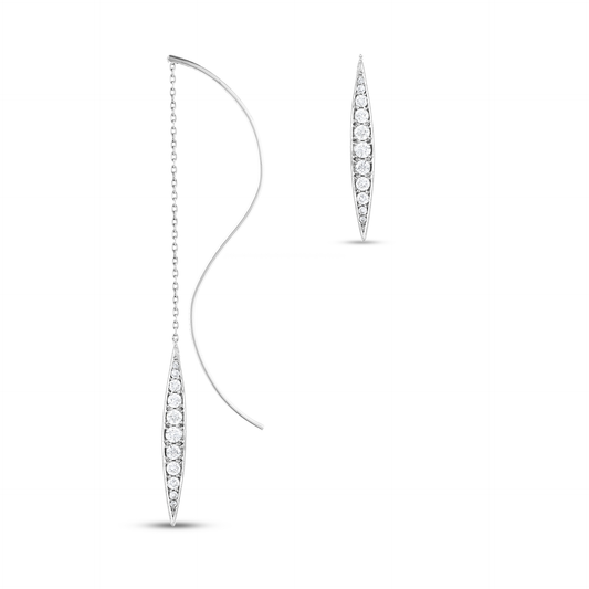 Navette natural diamond threader and matching stud earring in 14K white gold, seen from the front