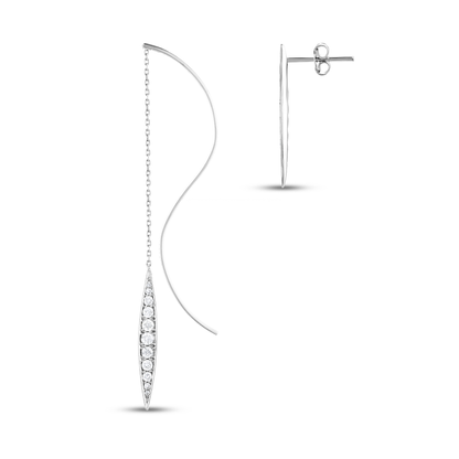 Natural diamond threader earring from the front and the matching navette stud from the side, showing the post and butterfly back, in 14K white gold