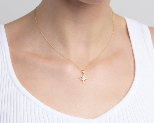 Close detail of the North Star Necklace in 18K Gold Vermeil. Hypoallergenic, no green marks, premium handmade jewelry.