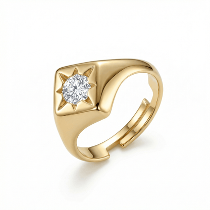 North Star Signet Ring in 18K Gold Vermeil with CZ Diamond. Tarnish-resistant, perfect for daily wear.